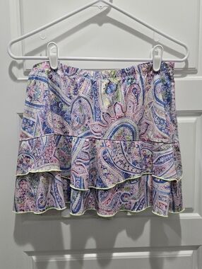 DENISE CRONWALL ATHLETIC SKORT TENNIS SKIRT TIERED RUFFLE PINK PAISLEY WOMEN L